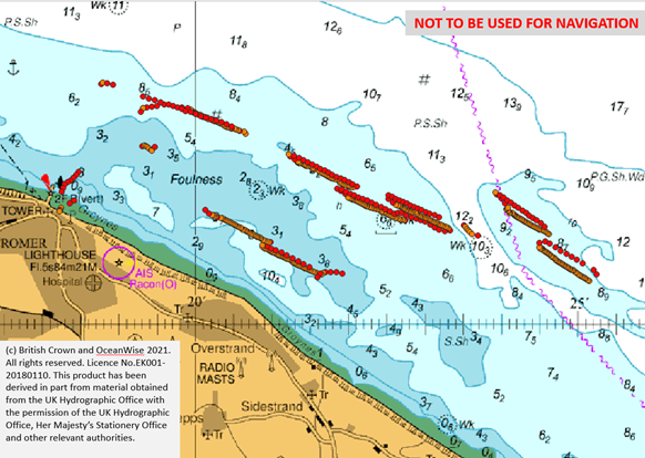 Map showing fishing vessel tracker data for one boat in the Cromer Shoal Chalk Beds MCZ