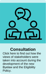 Graphic illustration and informational panel labeled “Consultation,” showing two stakeholders seated across a table with speech bubbles. Text explains how stakeholder views informed development of a new Byelaw and Eligibility Policy, with a prompt to click for details.