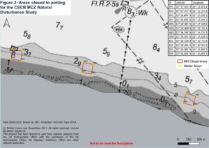 Nautical map showing areas closed to potting fishing for an NDSC MZC Natural Disturbance Study. Red outlined zones, yellow marker buoys, depth contours, navigation symbols, coordinate table, legend, and 0–500-meter scale identify restricted areas along a coastal channel